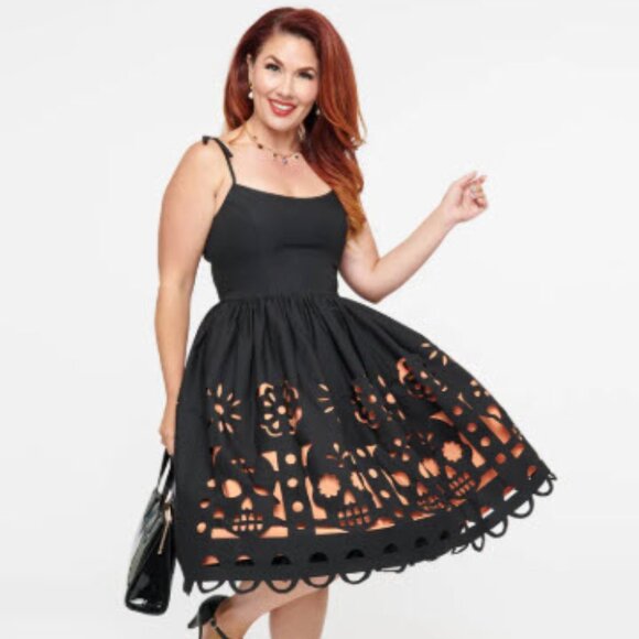 Unique Vintage Black & Orange Dia De Los Muertos Cutout Swing Dress - M/6-8 - Picture 1 of 5